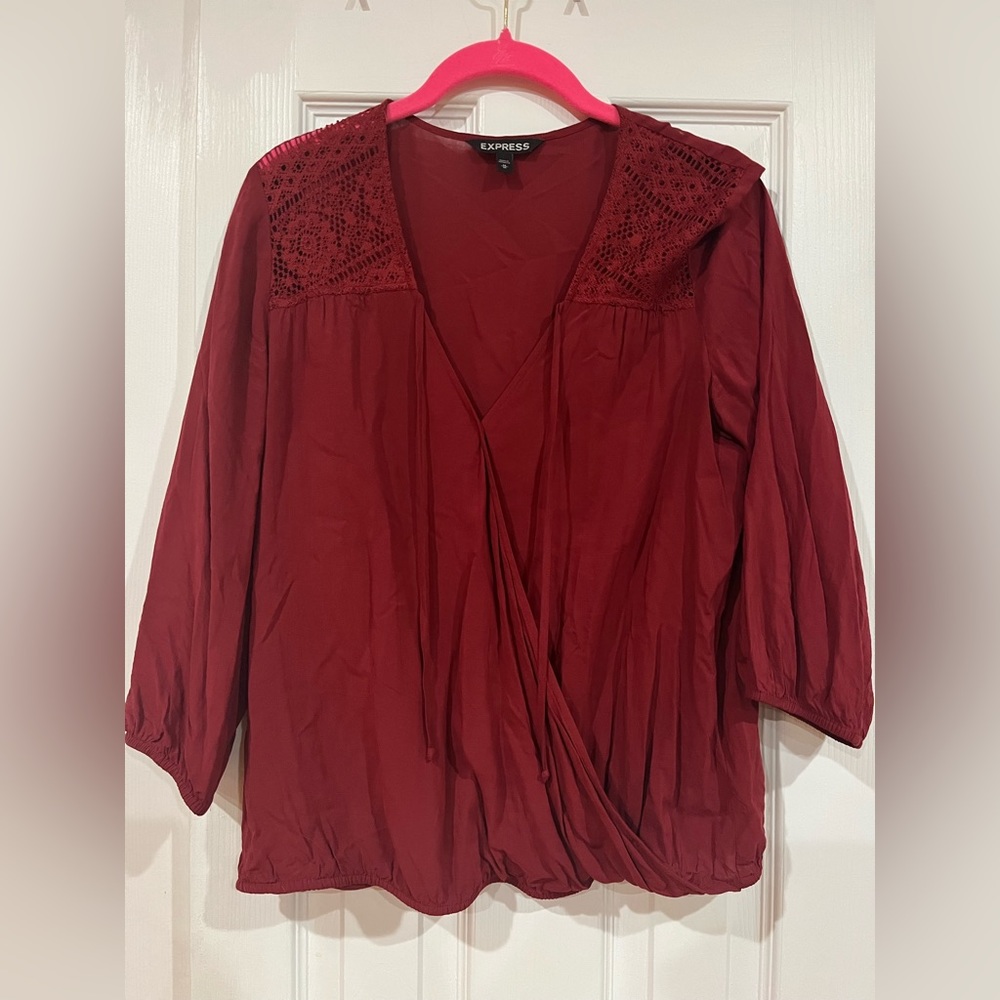 Express Red 3/4 Sleeve Crochet/Lace Faux Wrap Elastic Waist Blouse